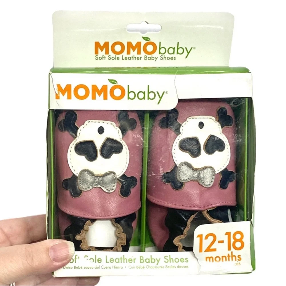 Momo Soft Sole Leather Baby Shoes Pink Skull Bow Size 12 to 18 months